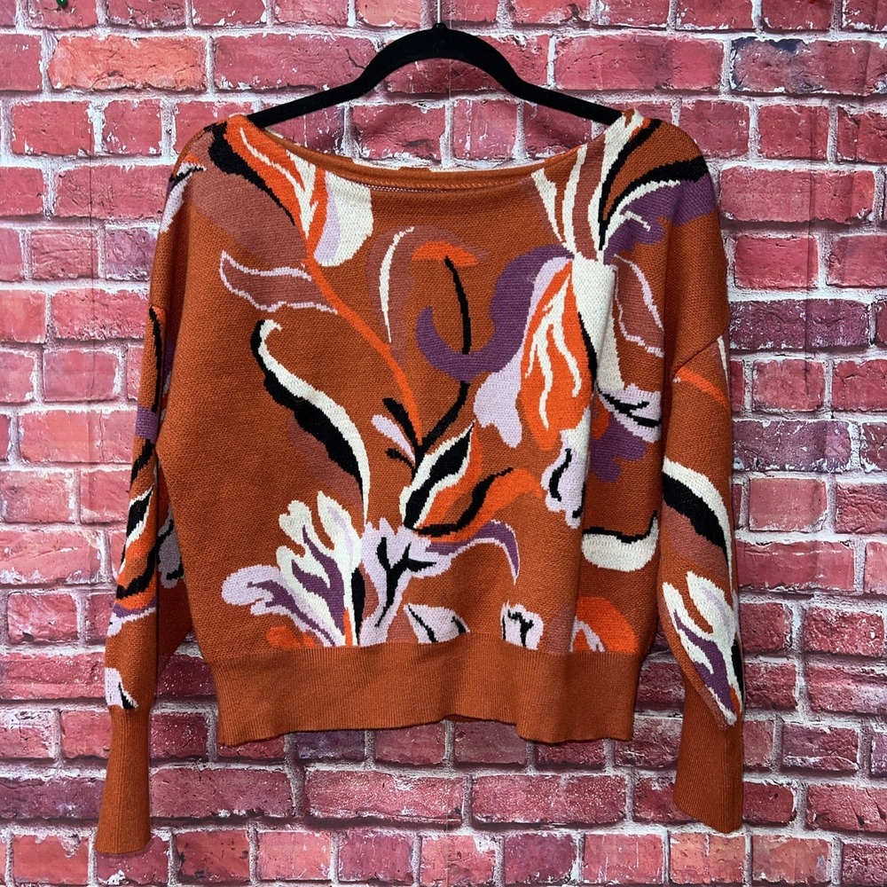 Abstract Floral Knit Sweater Rust Orange Boat Neck Long Sleeve Relaxed Fit